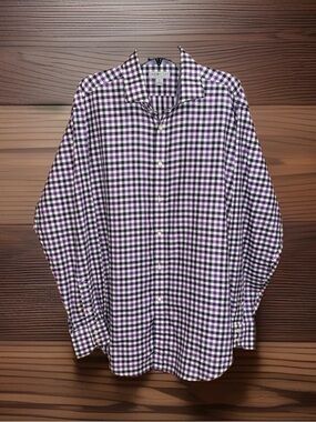 Thomas Dean Men’s Purple and White Gingham Dress Shirt-XL-EC